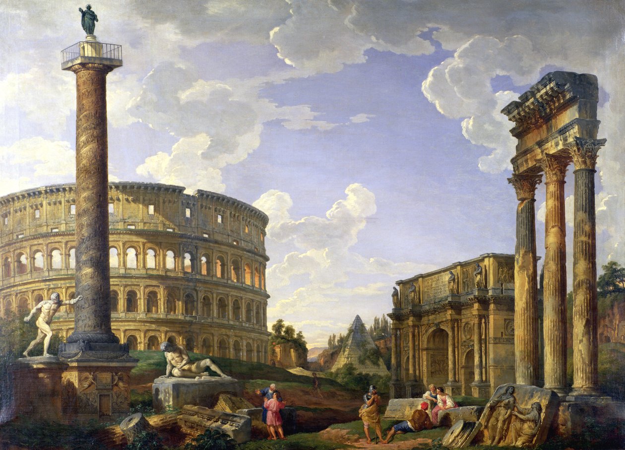 Roomalainen Capriccio, jossa näkyy Colosseum, Borghese-sotilas, Trajanuksen pylväs, kuoleva Gallia, Cestiuksen hauta, Konstantinuksen kaari sekä Castorin ja Polluxin temppeli tekijältä Giovanni Paolo Pannini