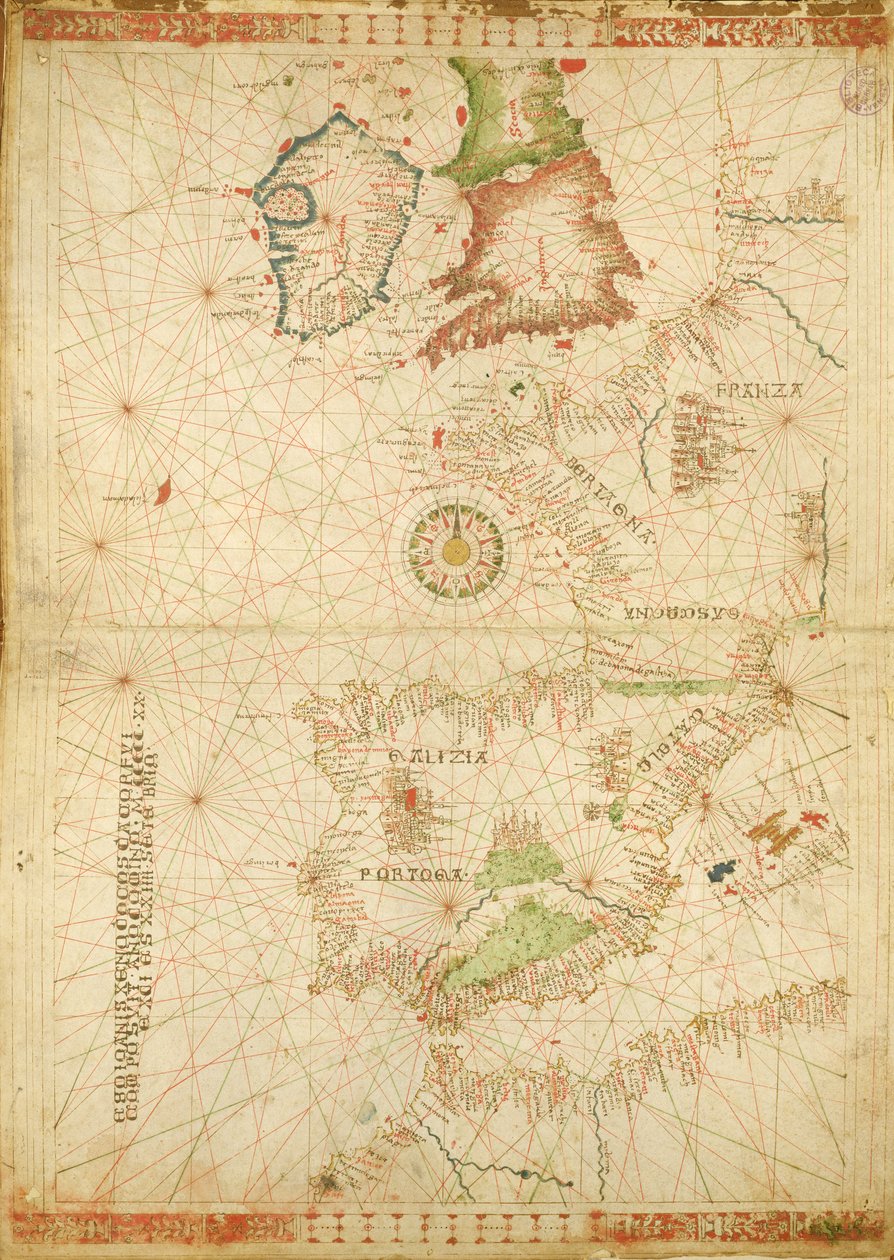 Euroopan ja Afrikan Atlantin rannikot, merenkulkuatlasista, 1520 (muste vellum) (katso myös 330911-330912) tekijältä Giovanni Xenodocus da Corfu