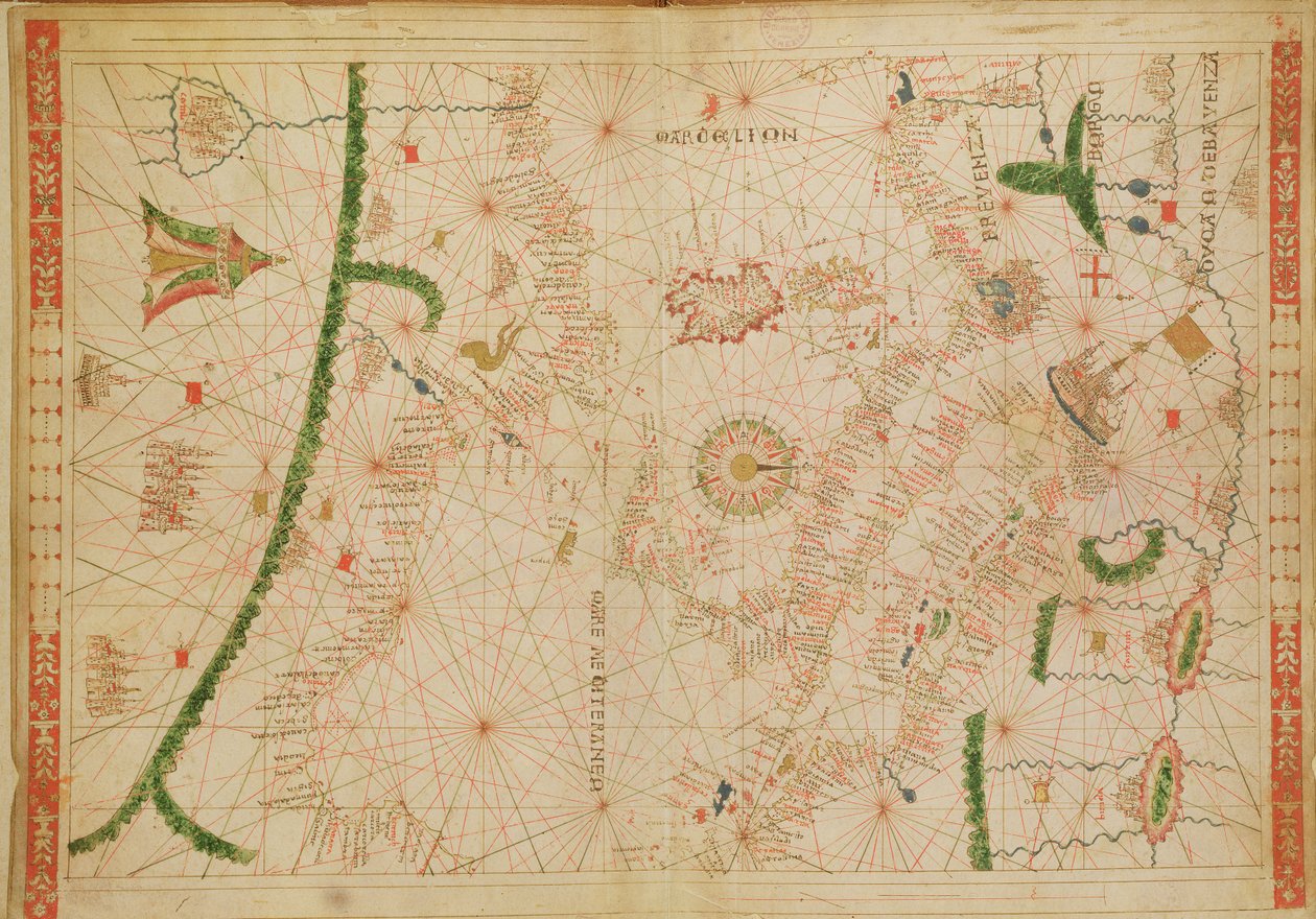 Keski-Välimeri, merenkulkukartasta, 1520 (muste vellum) (katso myös 330916-330918) tekijältä Giovanni Xenodocus da Corfu