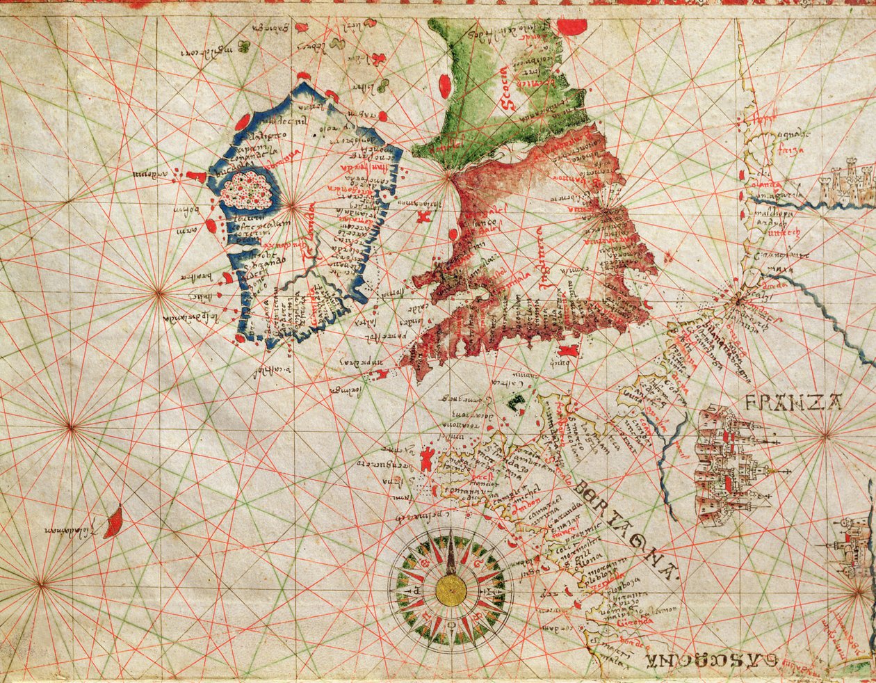 Ranskan rannikko, Englanti, Skotlanti ja Irlanti, merenkulkuatlasista, 1520 (muste vellum) (yksityiskohta numerosta 330910) tekijältä Giovanni Xenodocus da Corfu