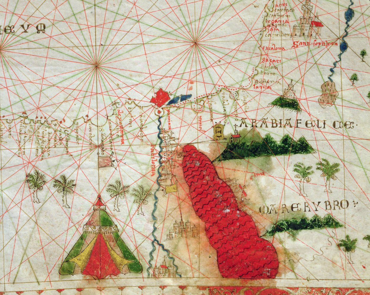 Punainen meri, merenkulkuatlasista, 1520 (muste vellum) (yksityiskohta numerosta 330913) tekijältä Giovanni Xenodocus da Corfu