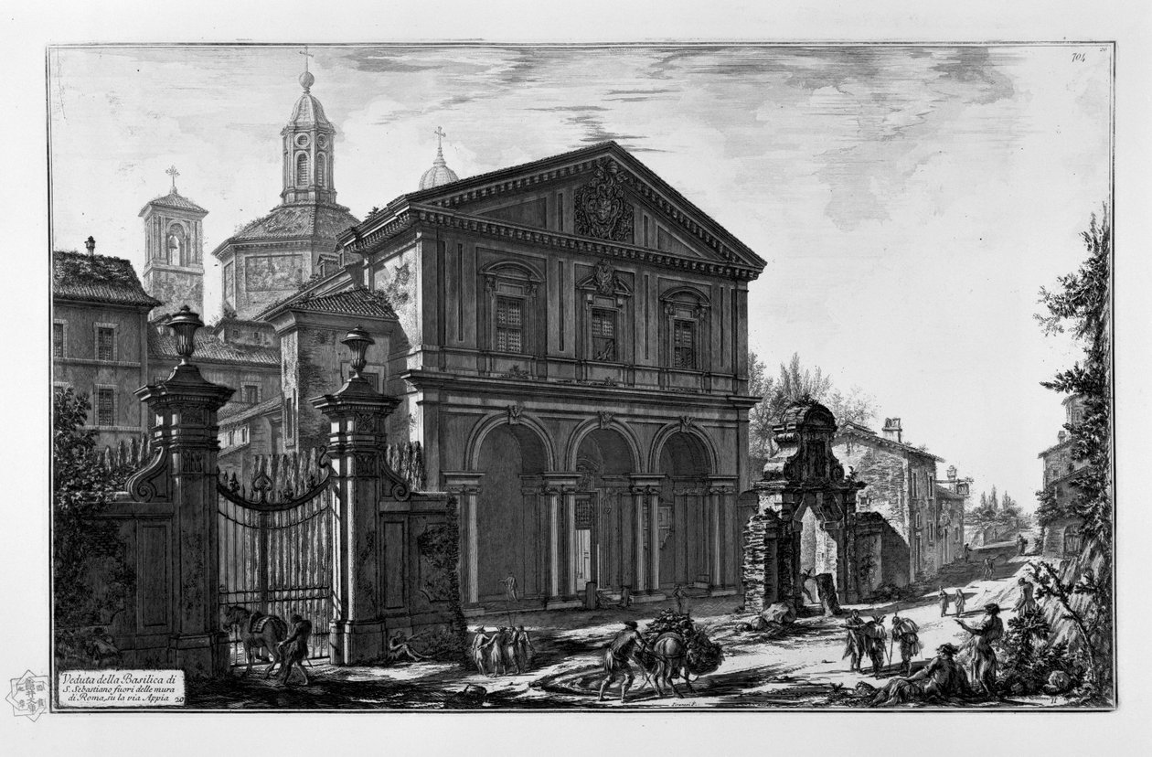 Veduta della Basilica di San Sebastiano fuori le mura di Roma, su Appian kautta tekijältä Giovanni Battista Piranesi