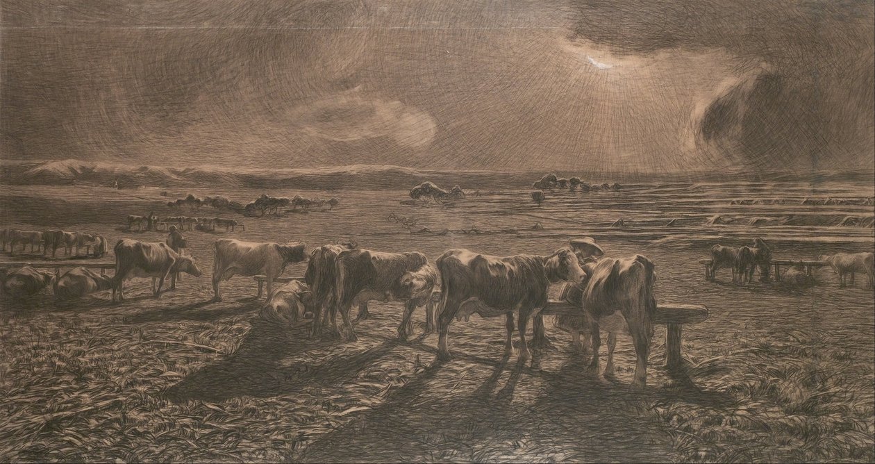 Ilta (laiduntaminen, Alla stanga) tekijältä Giovanni Segantini