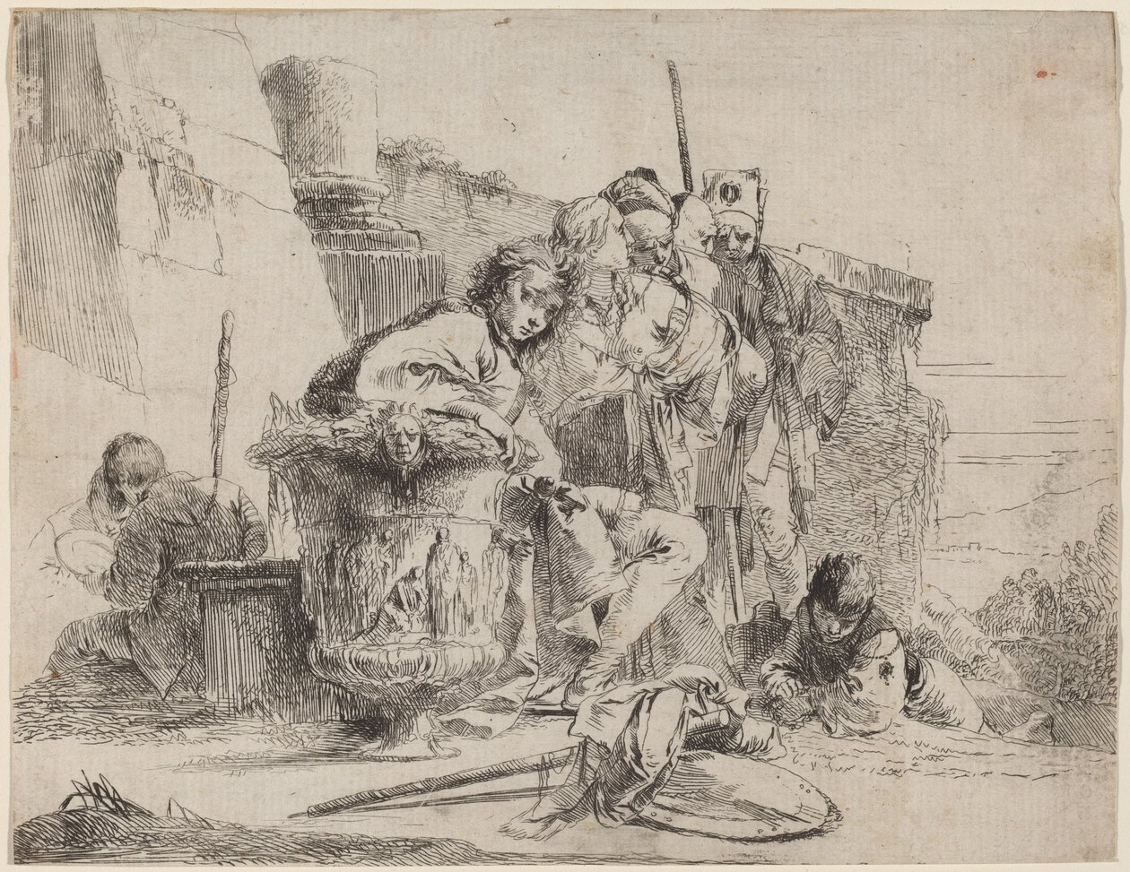 Istuva nuoriso nojaa uurnia vasten tekijältä Giovanni Battista Tiepolo
