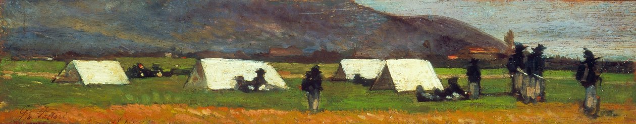 Bersaglieri-leiri, noin 1860 (öljy kartongille). tekijältä Giovanni Fattori
