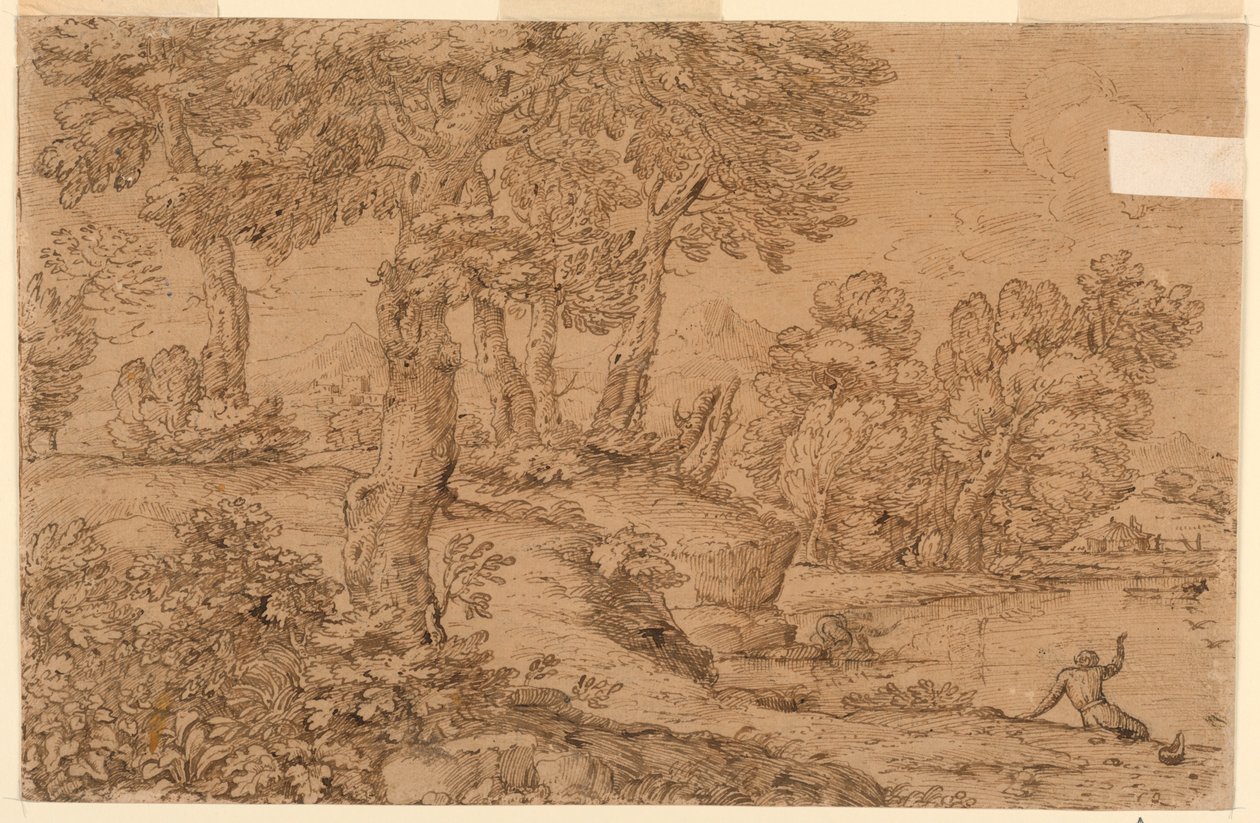 Metsäinen maisema lampineen tekijältä Giovanni Francesco Grimaldi