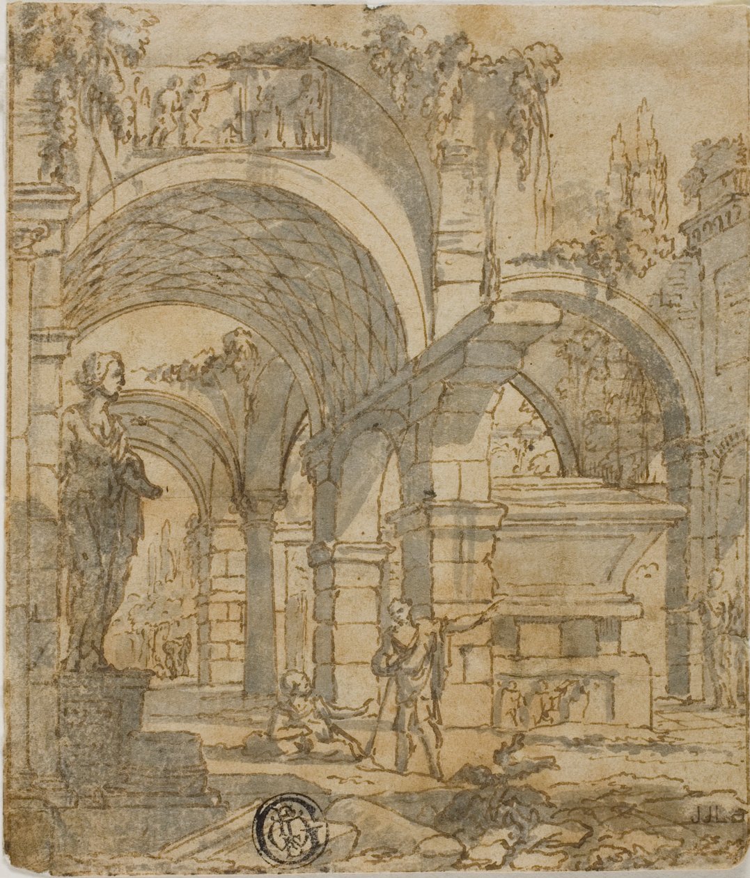 Roomalaiset rauniot ja kaksi hahmoa tekijältä Giovanni Paolo Panini
