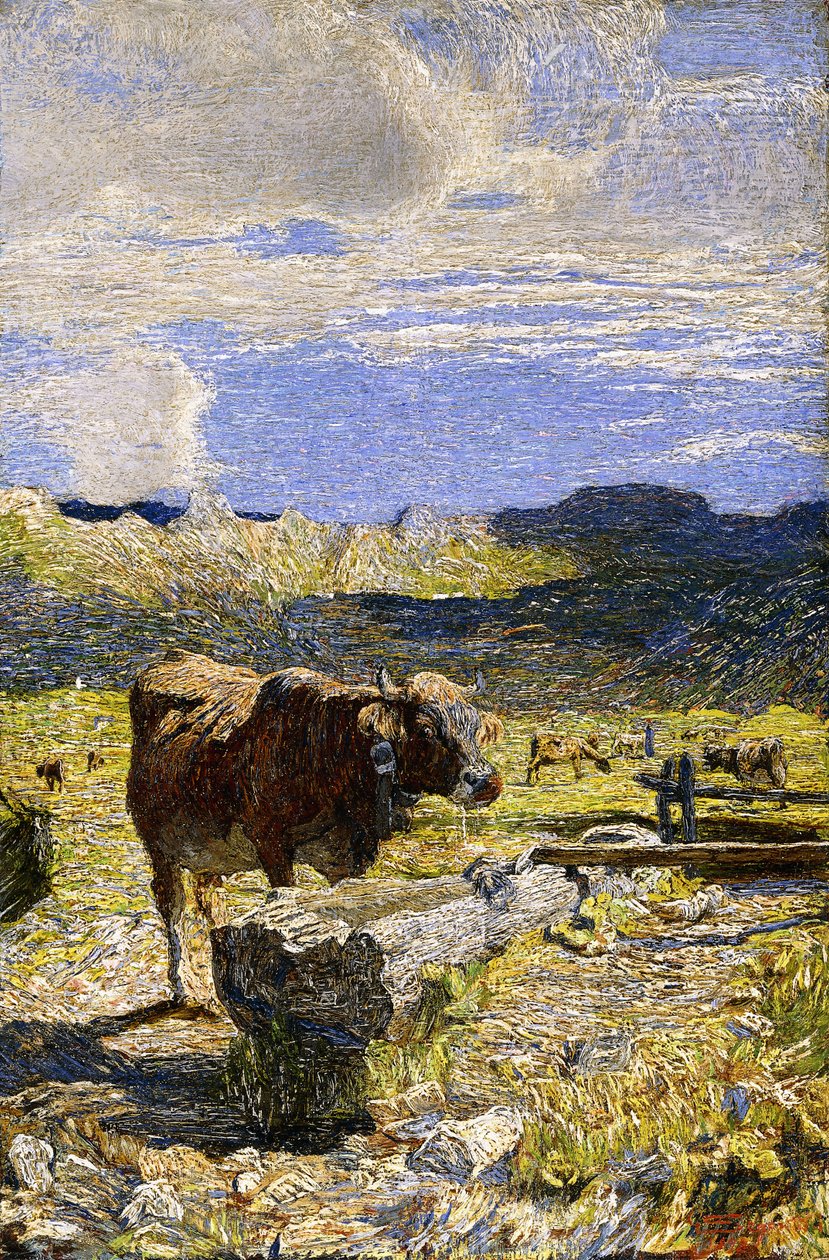 Ruskea lehmä juo kaukalosta, 1892 tekijältä Giovanni Segantini