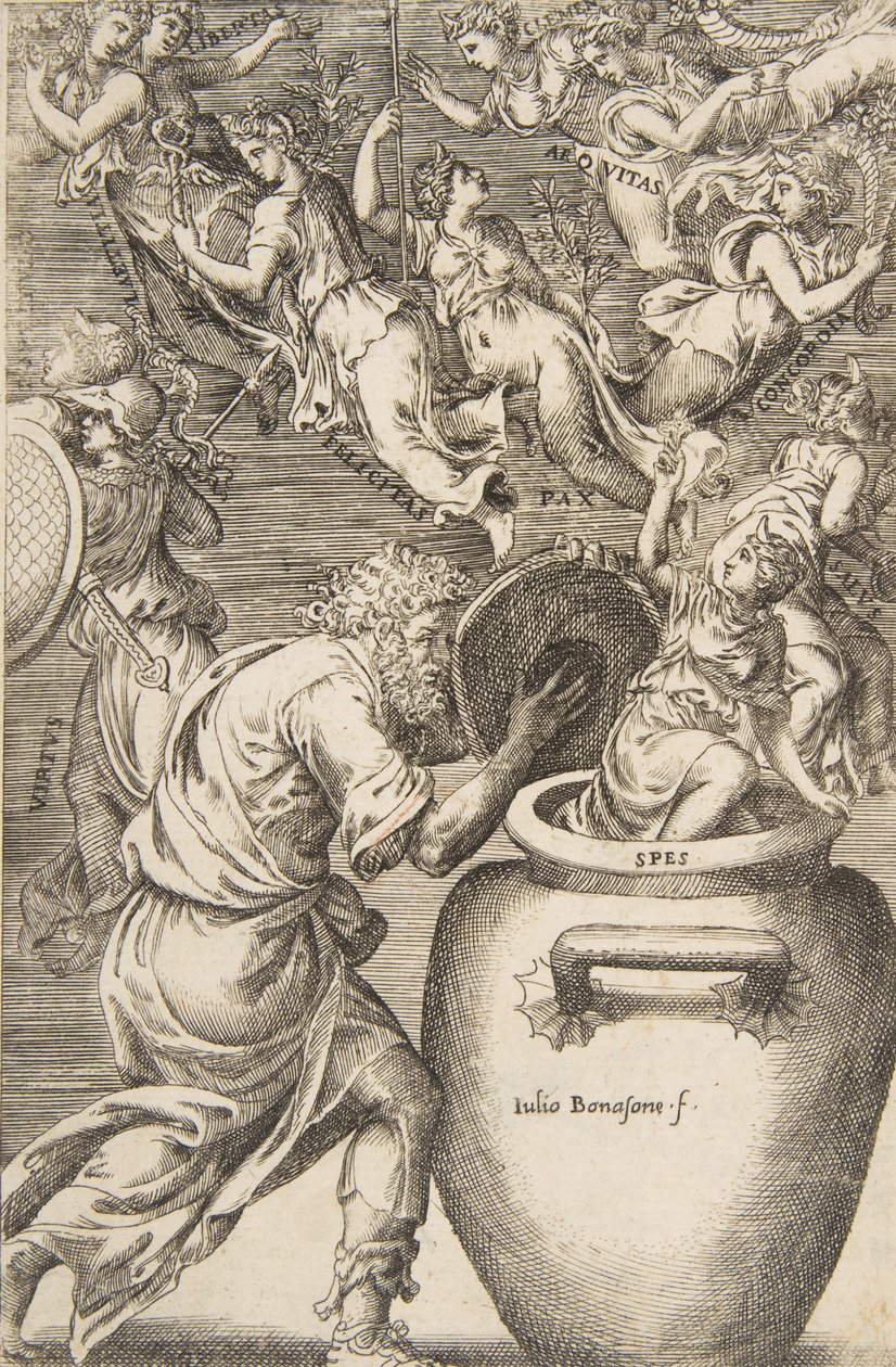 Epimetheus avaa Pandoran lippaan, 1531-76. tekijältä Giulio Bonasone