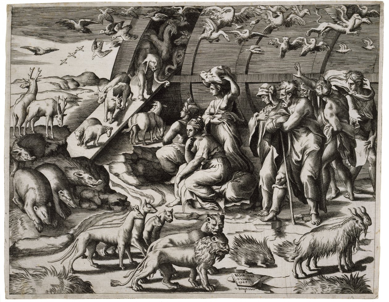 Nooa lähtee arkista, 1544 tekijältä Giulio Bonasone