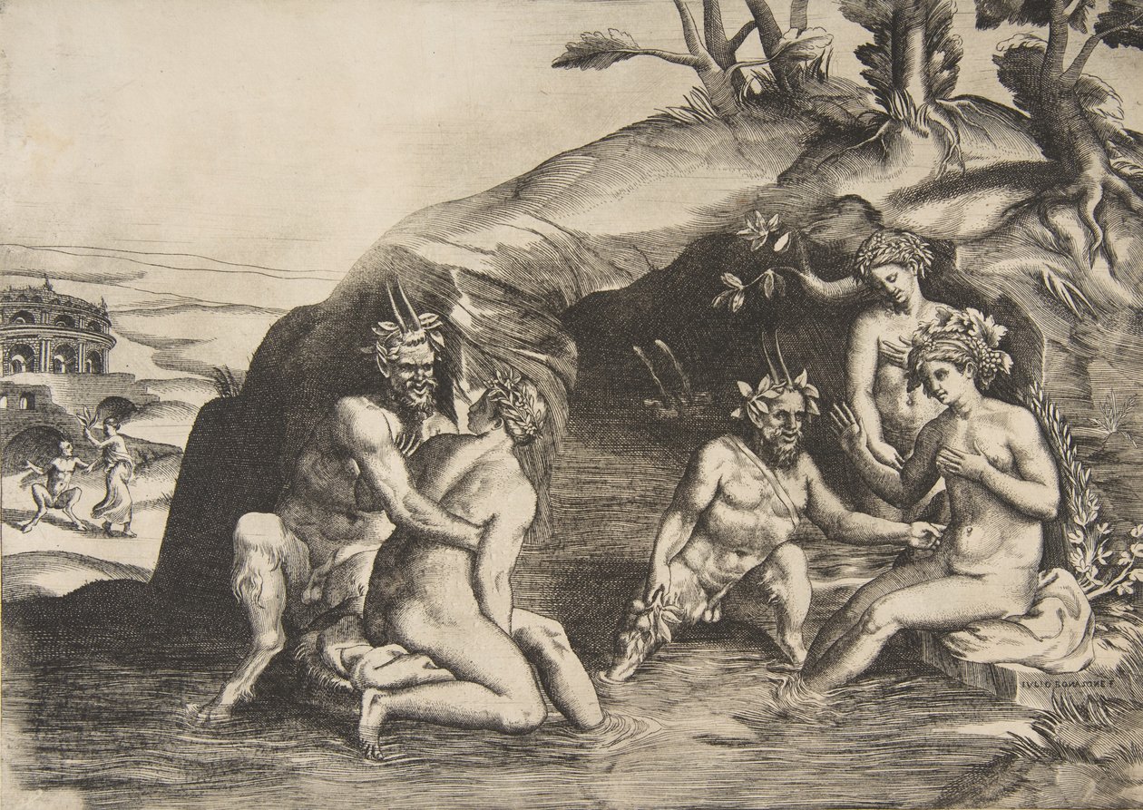 Nymfit ja satyyrit kylpemässä, 1531-76. tekijältä Giulio Bonasone