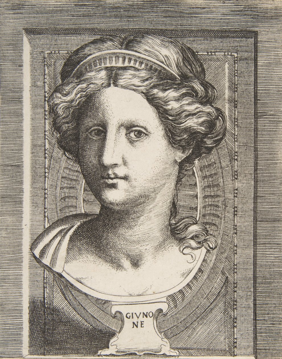 Junon veistetty pää, n. 1531-76. tekijältä Giulio Bonasone