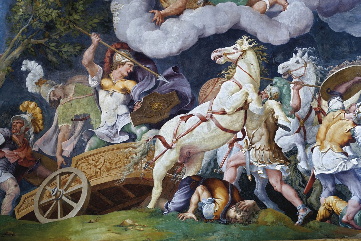 Diomedes taistelee Phegeusta ja Idaiosta vastaan. tekijältä Giulio Romano