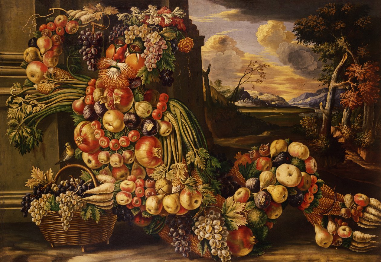 Istuva kesähahmo, 1573 tekijältä Giuseppe Arcimboldo