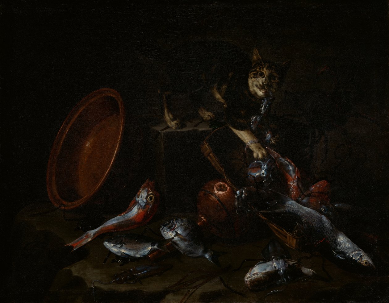 Kissa varastaa kalaa, 1660-luvun loppu. tekijältä Giuseppe Recco