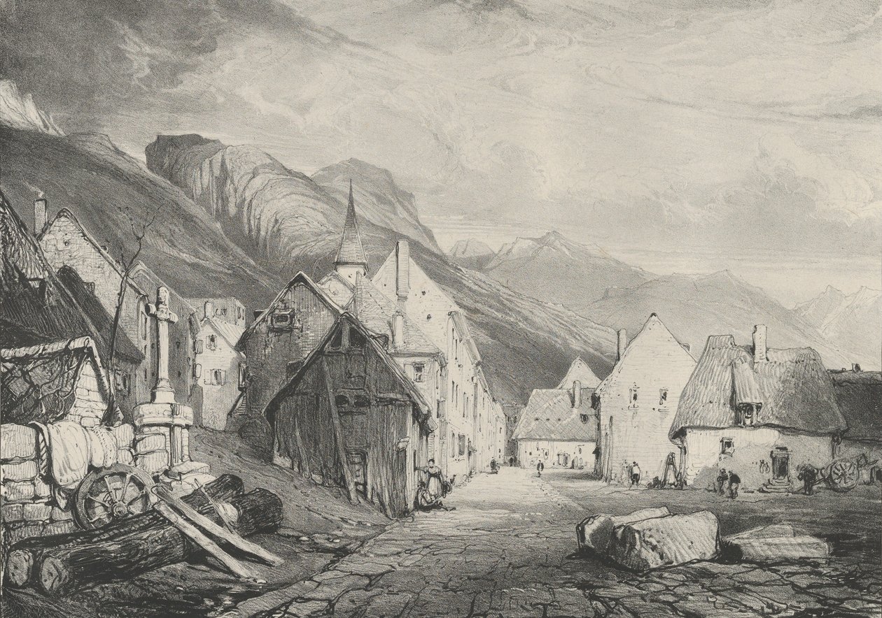 Sisäänkäynti Les Bainsin kylään, 1831 tekijältä Godefroy Engelmann