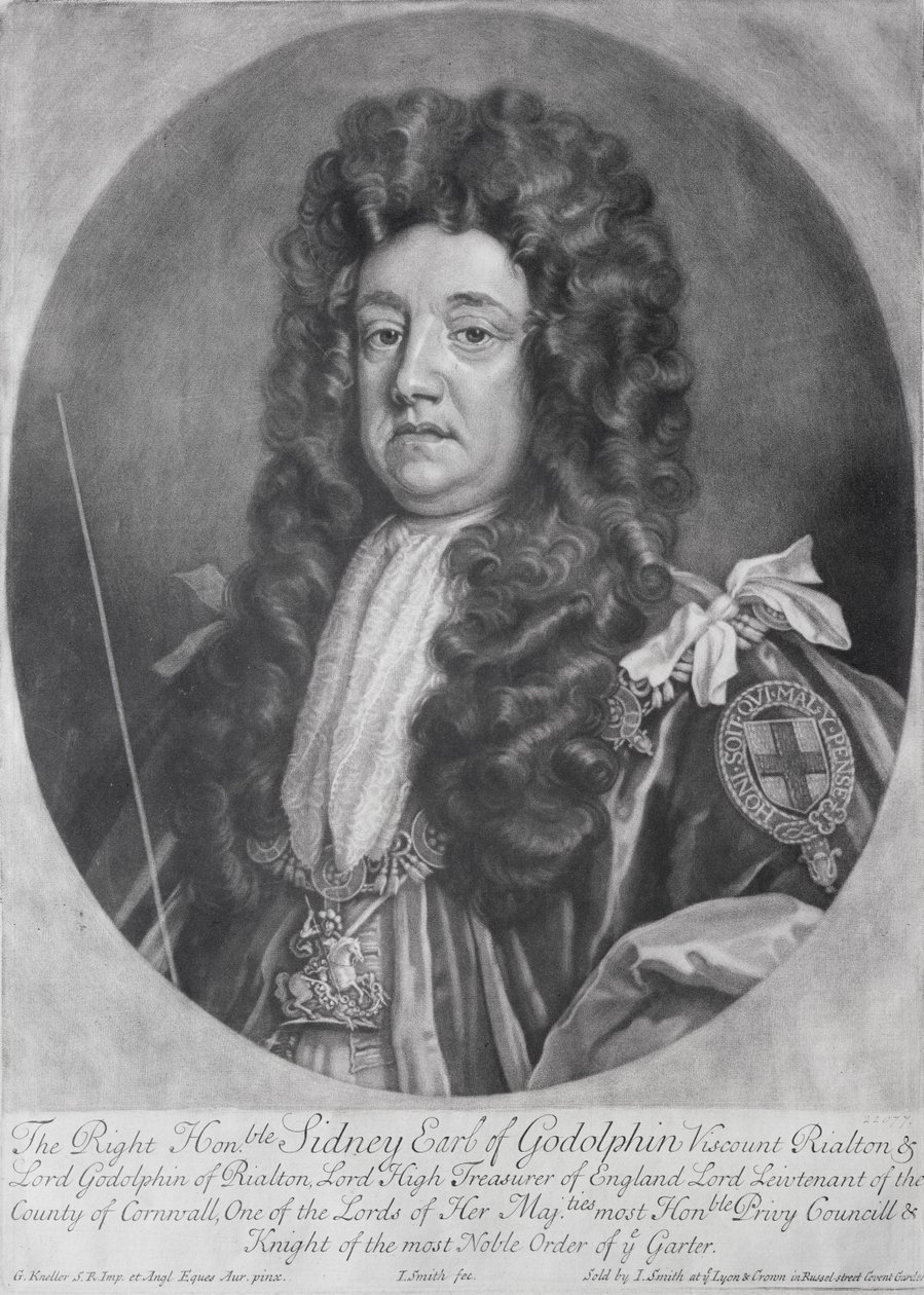 Muotokuva Sidney Godolphinista (1645-1712) 1. Earl of Godolphin kaiverrettu ja julkaissut John Smithin (1652-1743) 1707 (mezzotint) tekijältä Godfrey Kneller