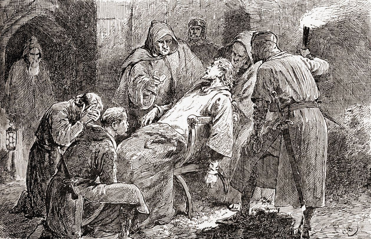 Kohtaus William Shakespearen näytelmästä Kuningas John, V näytös, kohtaus 7, Kuningas John: Myrkytetty, sairas, kuollut, hylätty, hylätty, William Shakespearen teoksista, julkaistu 1896 tekijältä Gordon Frederick Browne