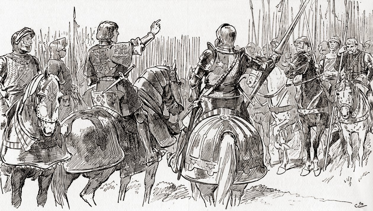 Kohtaus William Shakespearesin näytelmästä Kuningas Richard III, V näytös, kohtaus 2, Richmond: Fellows in arms, ja rakkaimmat ystäväni, tyrannian ikeen alla, William Shakespin teoksista tekijältä Gordon Frederick Browne