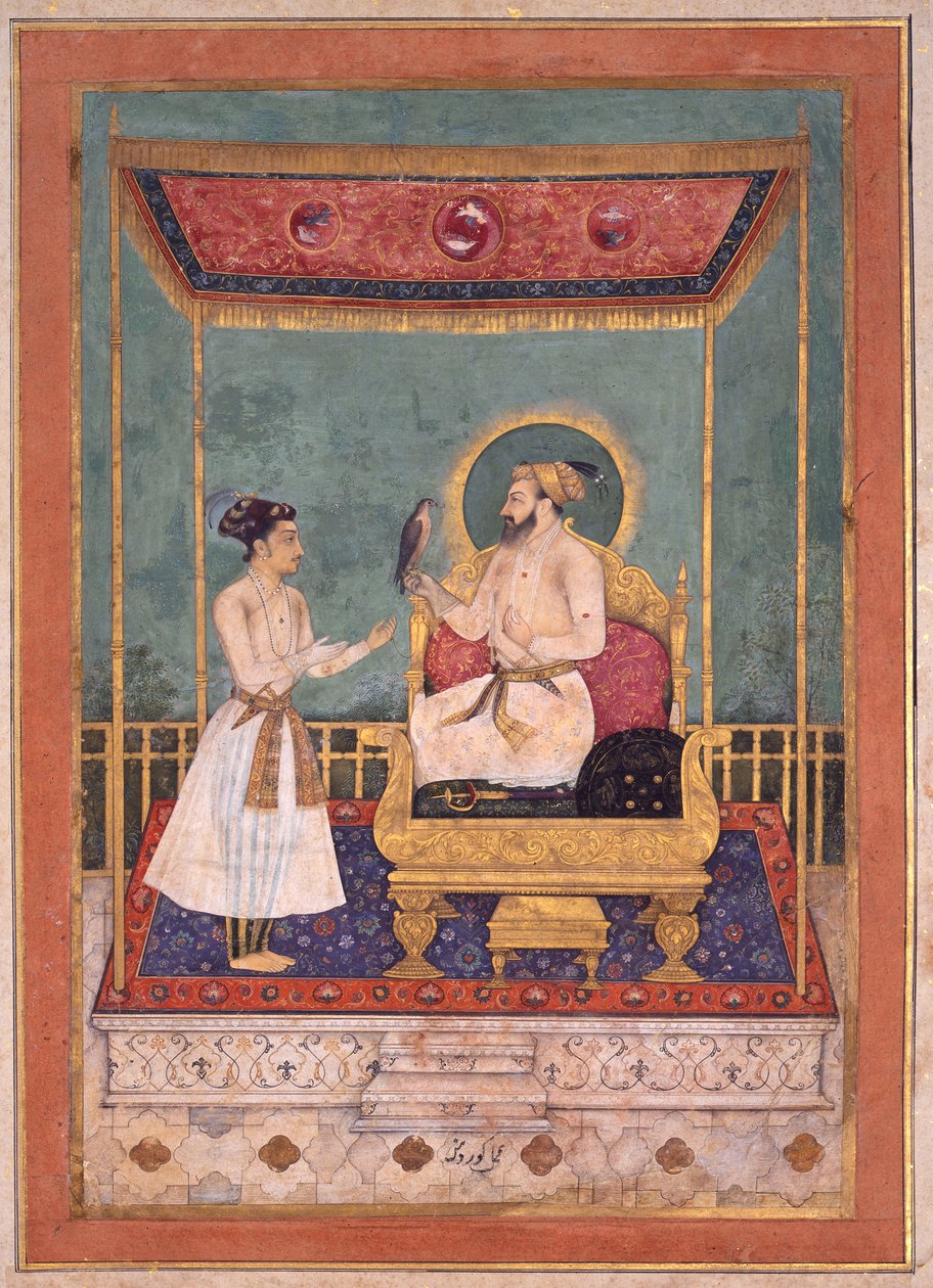 Shah Jahan nousi valtaistuimelle poikansa Dara Shikohin kanssa, c. 1630-1640 (läpinäkymätön wc ja kultaa paperilla) tekijältä Govardhan