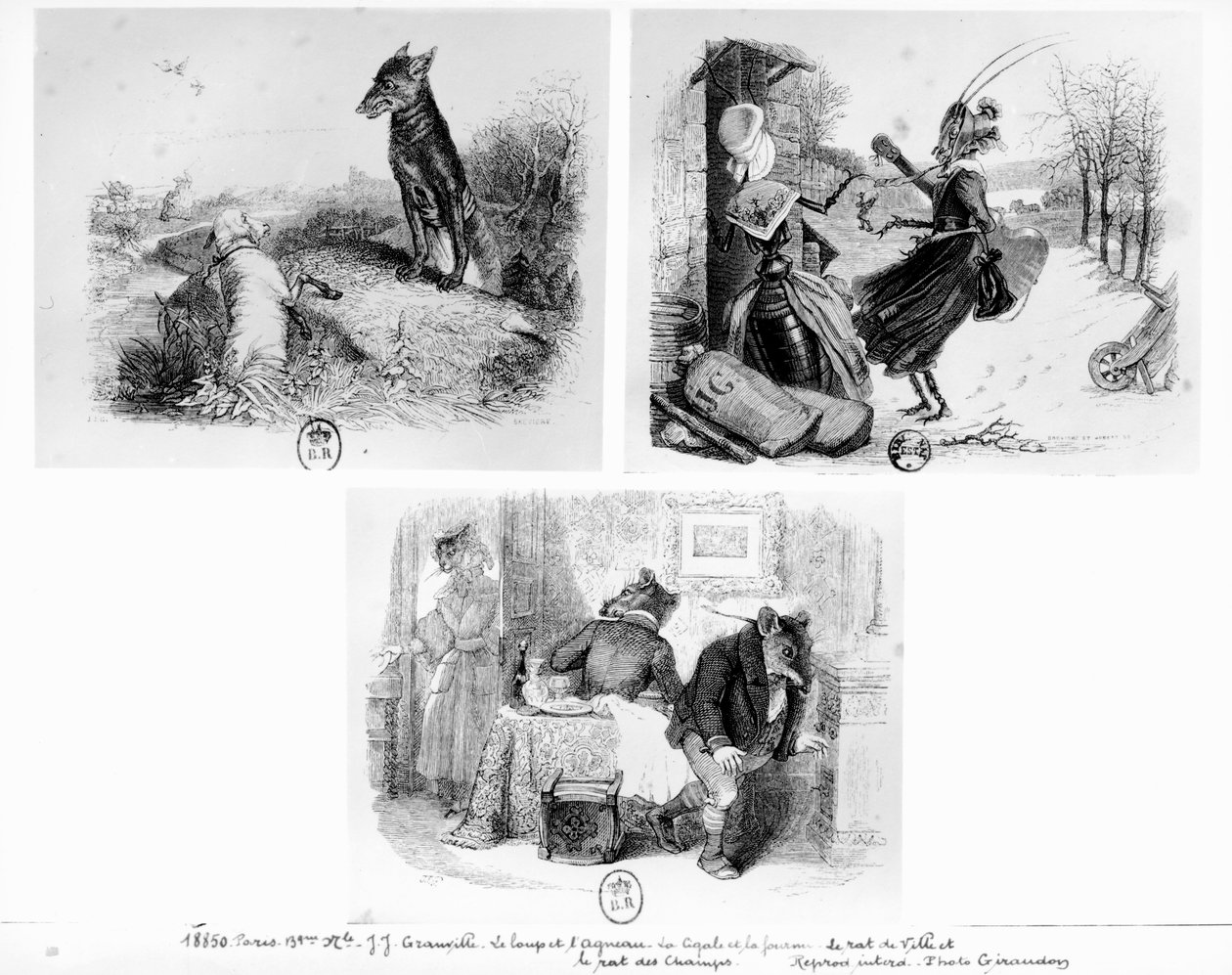 Kuvitus Jean de La Fontainen (1621-95) tarinoihin "Susi ja lammas", "Cicada ja muurahainen" ja "Kaupunkirtta ja maalaisrotta" tekijältä Grandville