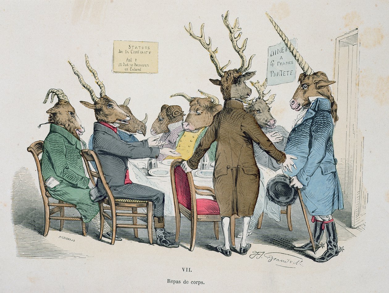 Repas de Corps, karikatyyri Les Metamorphoses du Jour -sarjasta, uusintapainos vuonna 1854 tekijältä Grandville