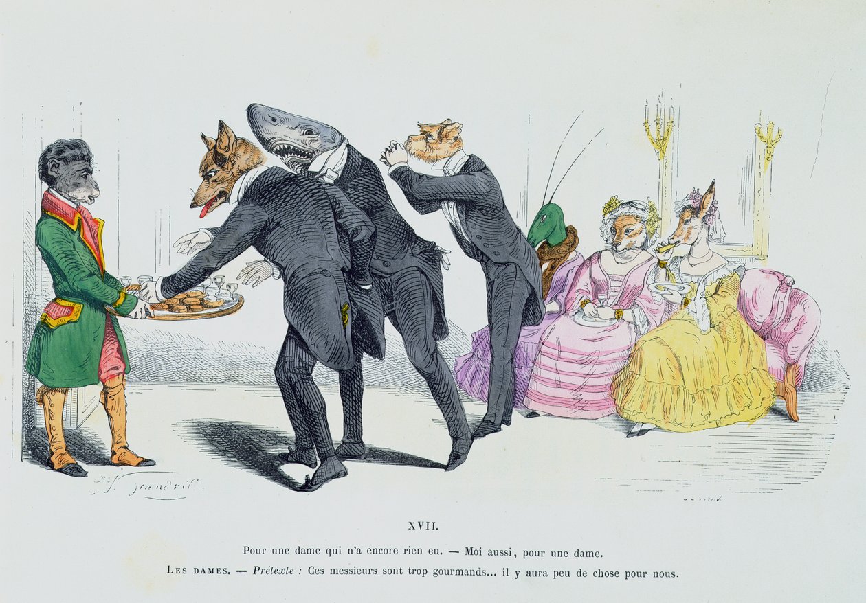 "Nämä herrat ovat niin ahneita...", karikatyyri Les Metamorphoses du Jour -sarjasta, uusintapainos vuonna 1854 tekijältä Grandville