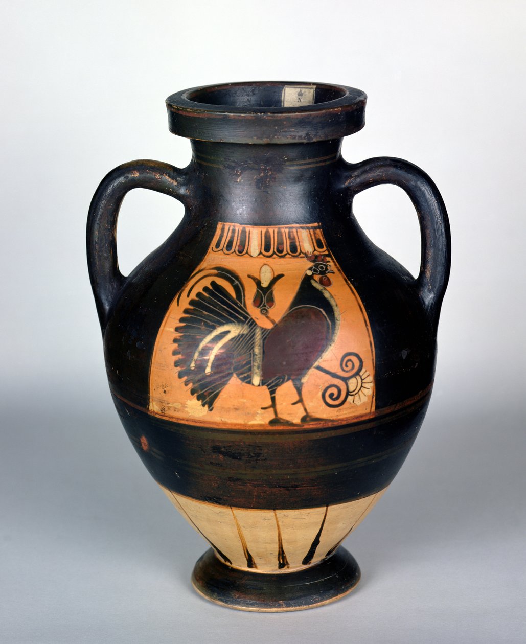 Amphora, joka kuvaa kukkoa, korinttilaiseen tyyliin (keramiikka) tekijältä Greek