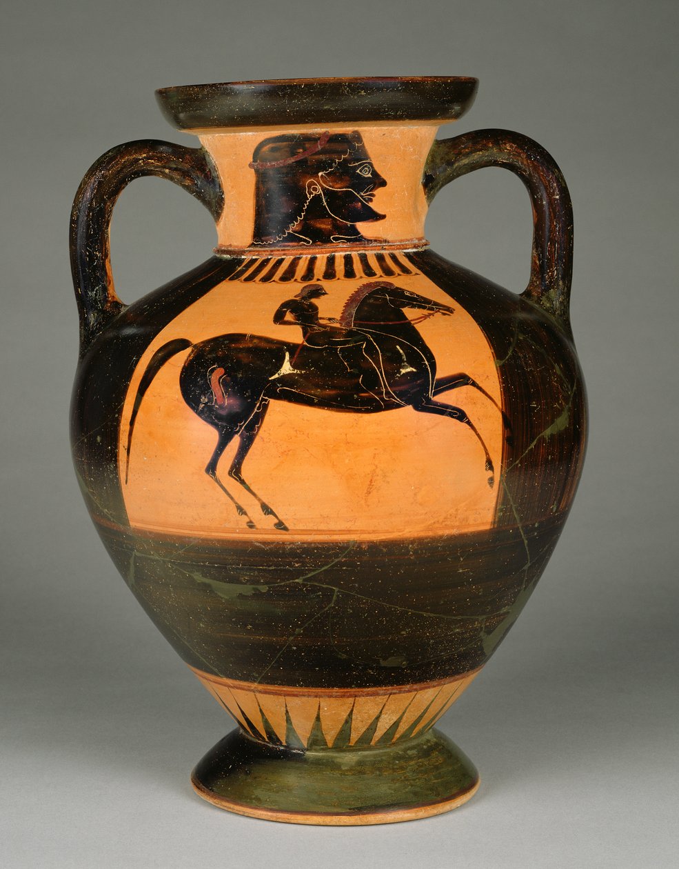 Athenian Attic mustahahmoinen amfora, jossa on alaston ratsastaja, n. 570-60 (terrakotta) tekijältä Greek