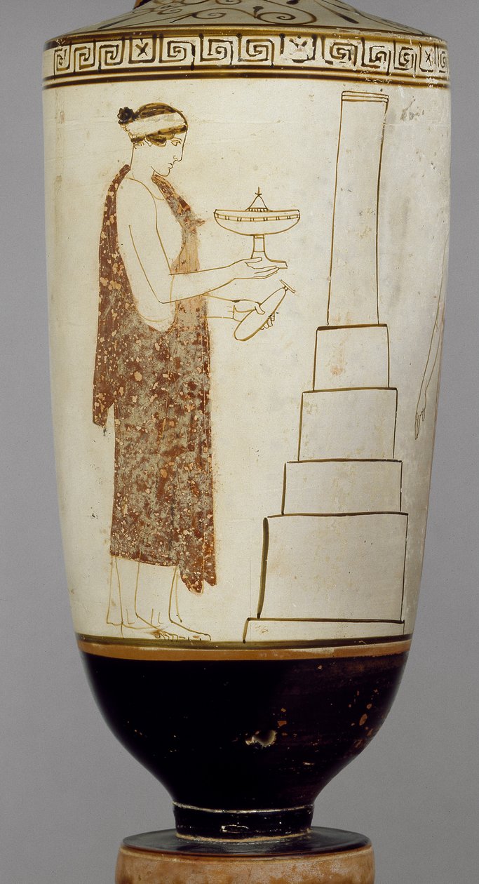 Ullakkovalkoinen lekythos jossa nainen ja nuoriso haudalla (keraaminen) tekijältä Greek
