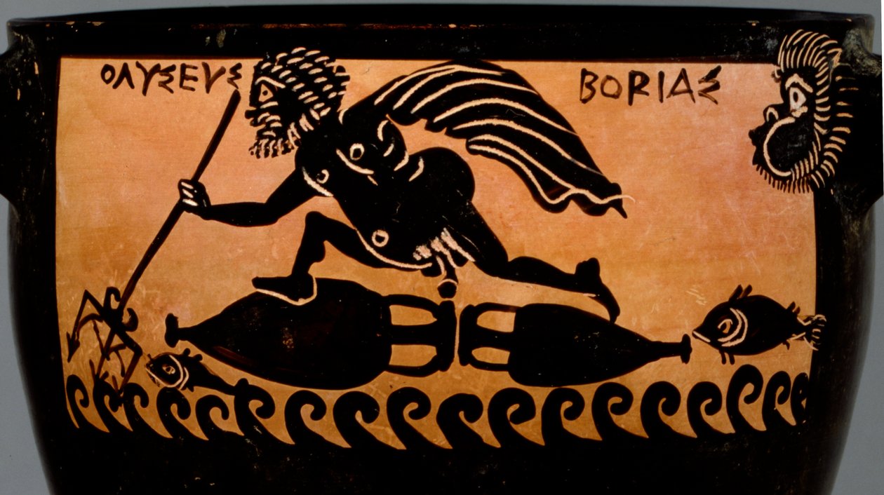 Boioottilainen mustahahmoinen skyphos, koristeltu kohtauksella, jossa Boreas puhaltaa meren yli Odysseuksen, Mystae Painterin työpaja, Thebes, Boiotia, 5. vuosisadan lopulla eKr. (keramiikka) (yksityiskohta) tekijältä Greek