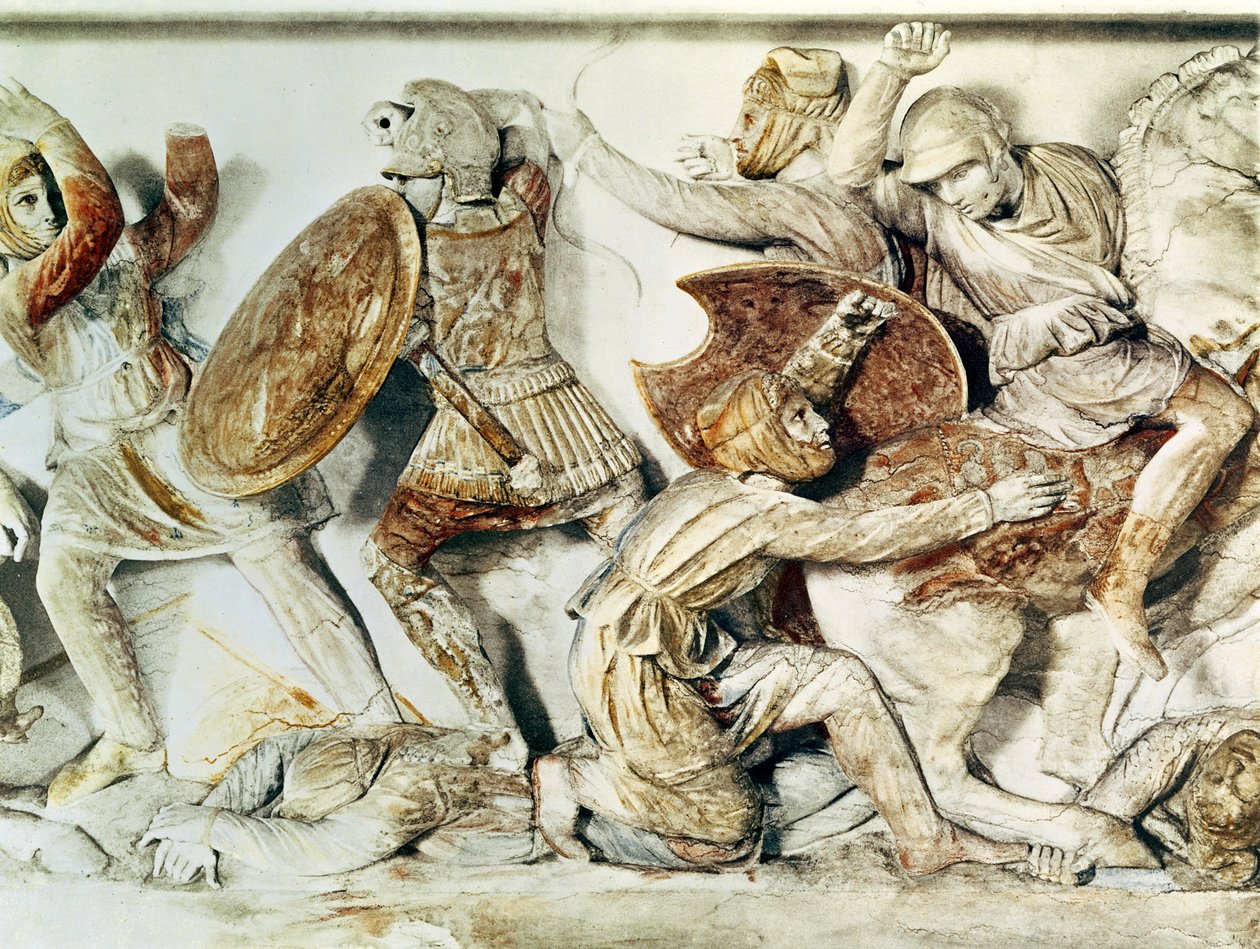Taistelukohtausta kuvaava Aleksanterin sarkofagi, n. 325-300 eKr. (seinämaalaus) tekijältä Greek
