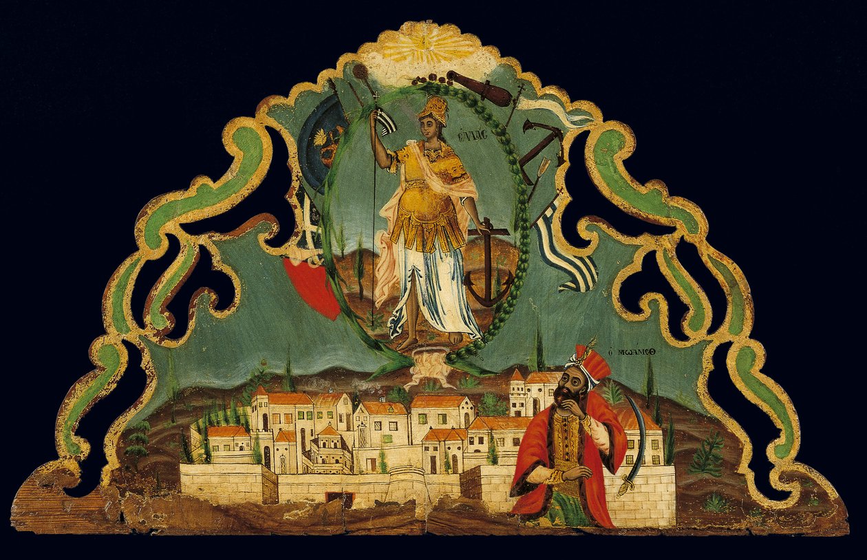 Pehmuste, joka kuvaa Kreikan uudestisyntymistä Konstantinopolin esityksen yläpuolella, Syrosilta, Kykladeilta (munan tempera puulla) tekijältä Greek School