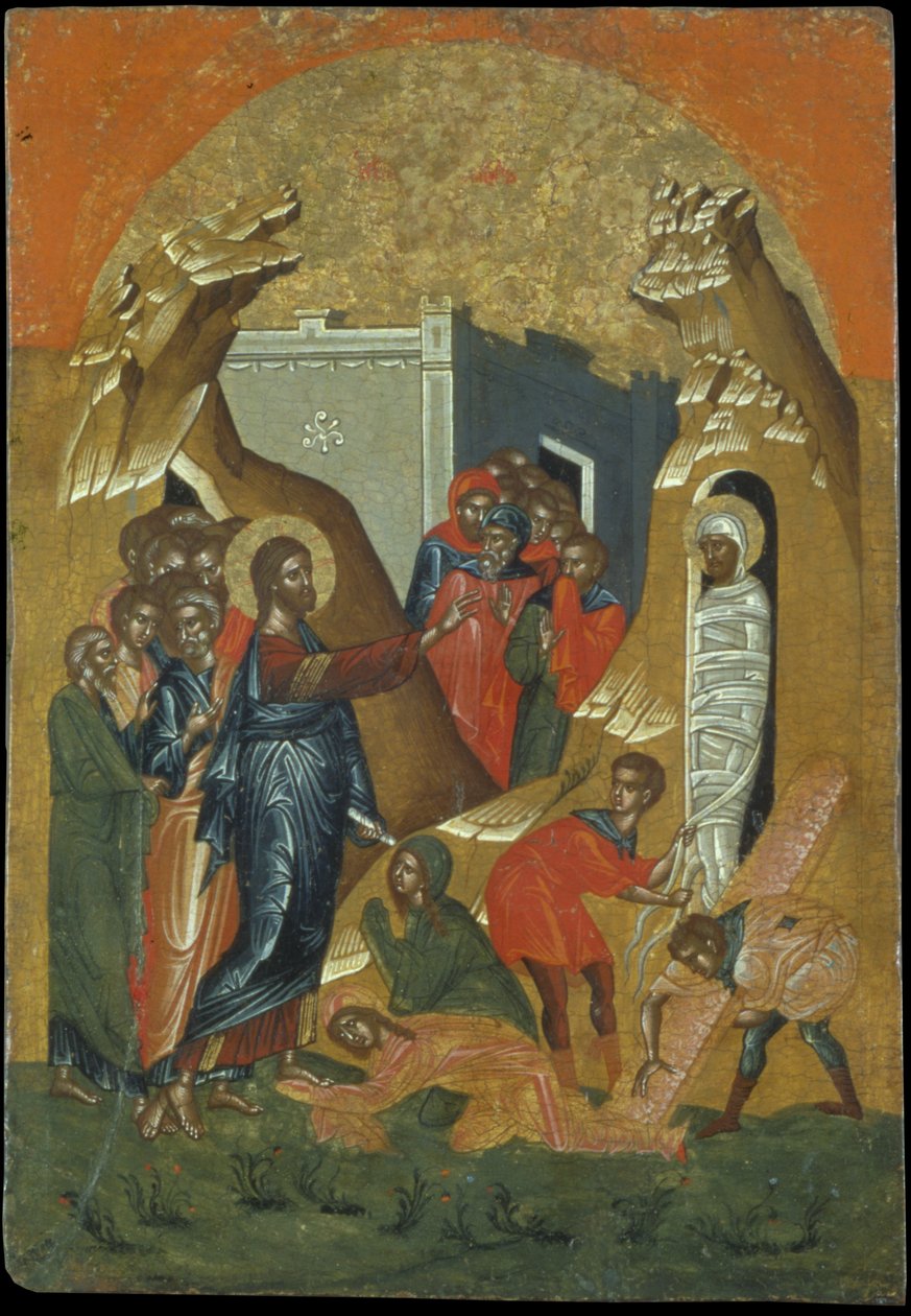 Lasarin ylösnousemus (munan tempera paneelissa) tekijältä Greek School