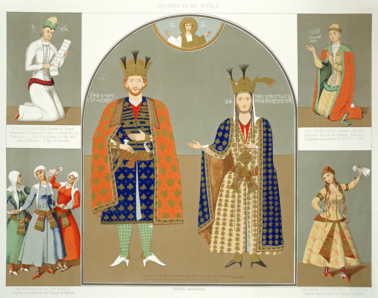 Georgia 1500-luvulla: kuningas Aleksanteri I (1412-42) ja kuningatar Nestane-Dared, levy 58 teoksesta "Le Caucase pittoresque, dessine apres nature" kreivi Ernest Stackelbergin tekstillä, julkaistu 1847 (col) tekijältä Grigori Grigorevich Gagarin