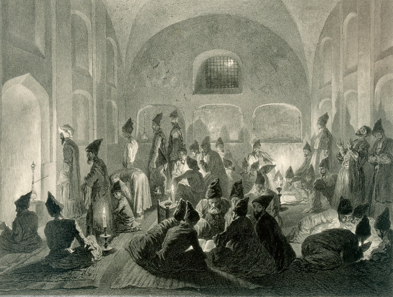 Persialainen moskeija Jerevanissa Armeniassa, yö ramadanin aikana, levy 19 Kaukasusta käsittelevästä kirjasta, kaiverrettu Eugene Le Roux (1807-63), julkaissut Alfred Leon Lemercier, Pariisi, 1847 tekijältä Grigori Grigorevich Gagarin