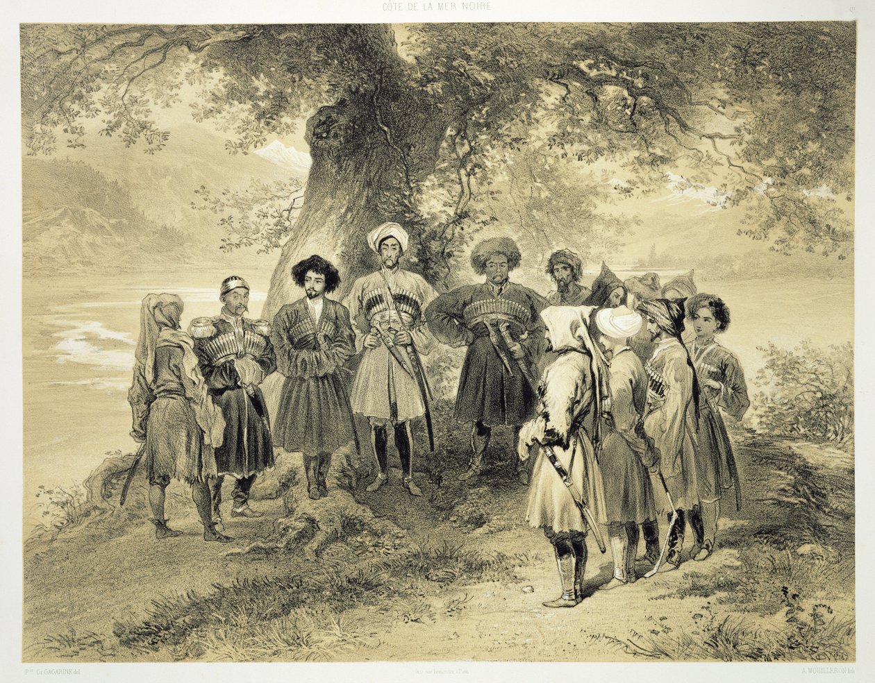 Tcherkesse-prinssien jälleennäkeminen, Sodjan laakso, Mustanmeren rannalla, levy 3 Kaukasusta käsittelevästä kirjasta, kaiverrettu Adolphe Mouilleron (1820-81), julkaisija Alfred Leon Lemercier, Pariisi, 1847 tekijältä Grigori Grigorevich Gagarin