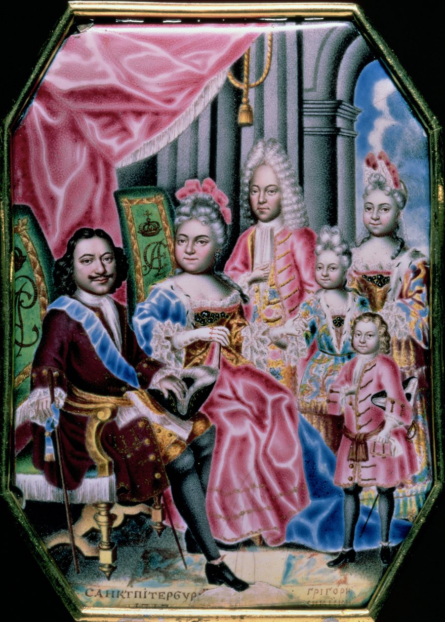 Keisari Pietari I:n perhe (1672-1725), 1717 (emali) tekijältä Grigory Semyonovich Musikiysky