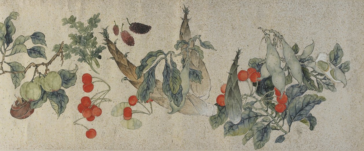 Vihannekset ja hedelmät, Qing-dynastia, 1828 (muste ja väri kullanvärisellä paperilla) tekijältä Gu Luo