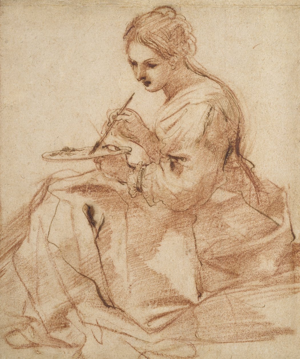 Nainen maalaus (Allegoria maalauksesta), n. 1618 (punainen liitu kosketettu kynällä ja ruskea muste luonnonvalkoiselle paperille) tekijältä Giovanni Francesco Barbieri