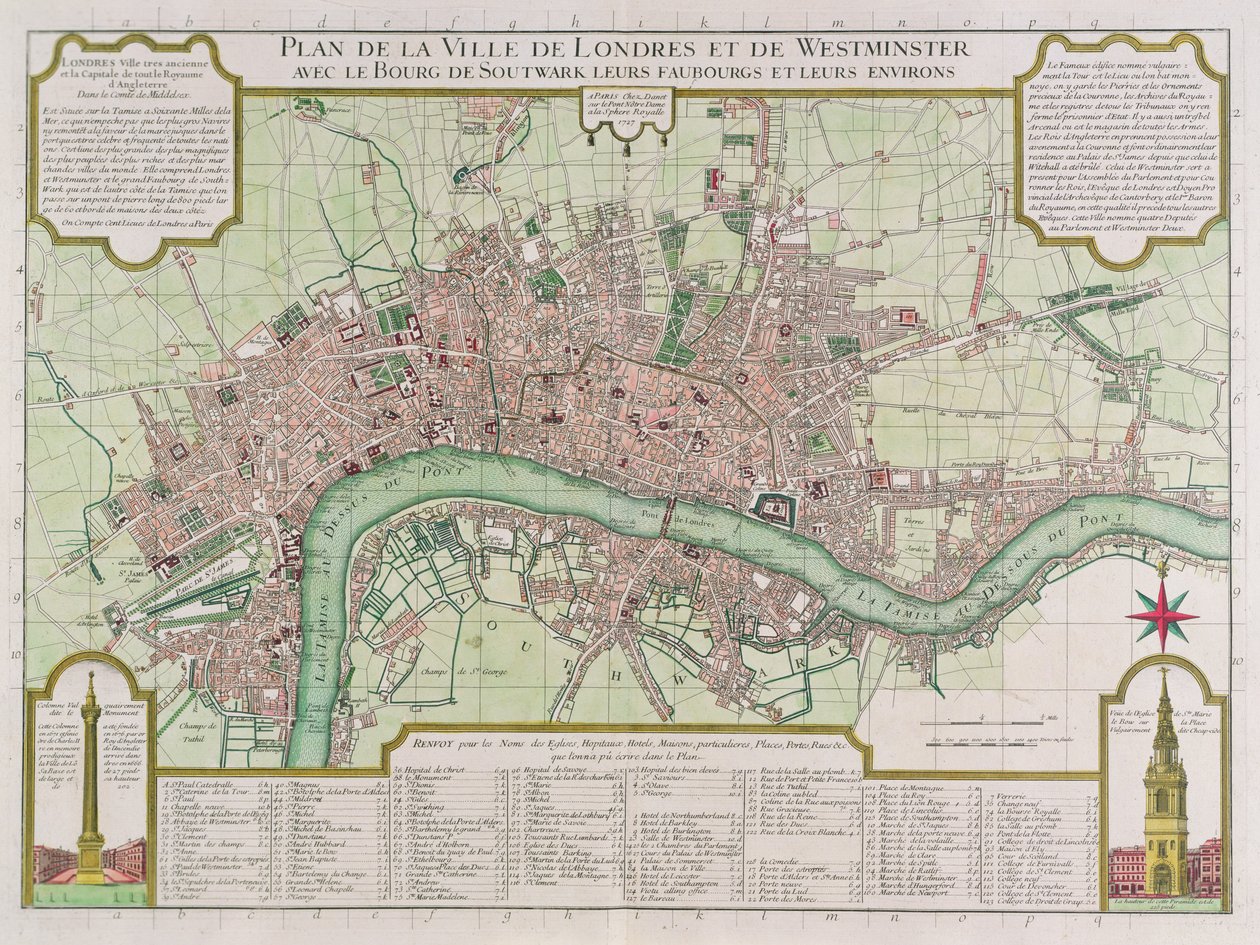Lontoon ja Westminsterin kaupunkien suunnitelma, 1727 (käsinvärinen kaiverrus) tekijältä Guillaume Danet