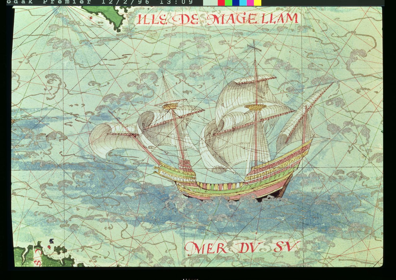 F.41v A Caravel, yksityiskohta Cosmographie Universellesta, 1555 tekijältä Guillaume Le Testu