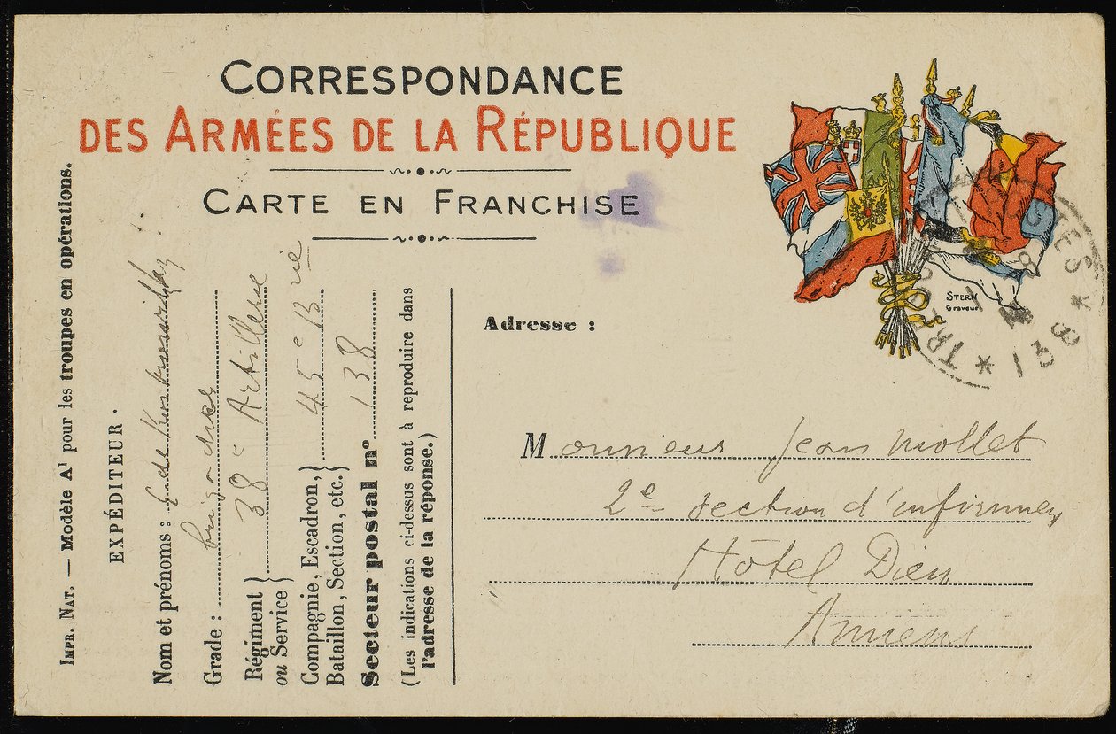 Postikortti Jean Molletille, 1915 tekijältä Guillaume Apollinaire