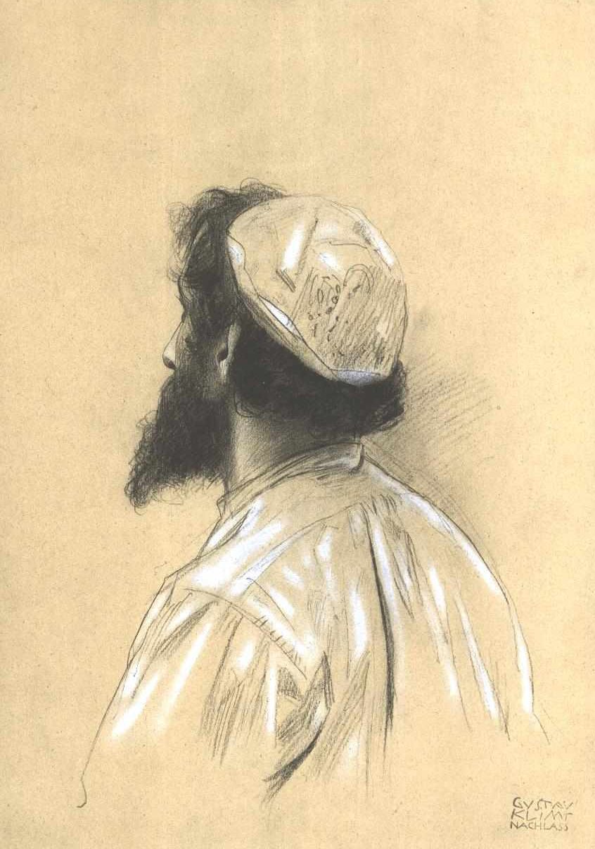 Bärtiger jüngerer Mann mit Kappe im verlorenen Profil nach links tekijältä Gustav Klimt