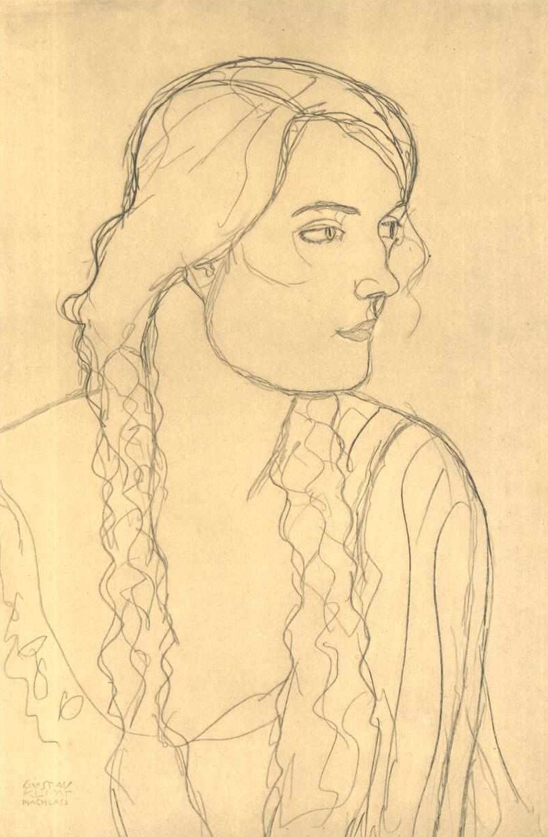 Puolipitkä muotokuva tytöstä, jolla on letit. tekijältä Gustav Klimt