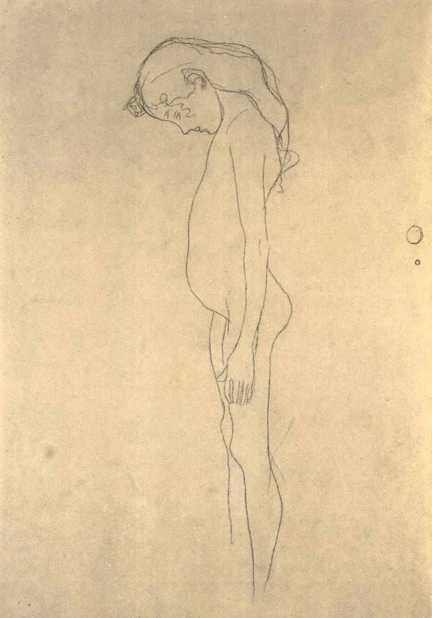 Mädchenakt mit gesenktem Kopf nach links tekijältä Gustav Klimt