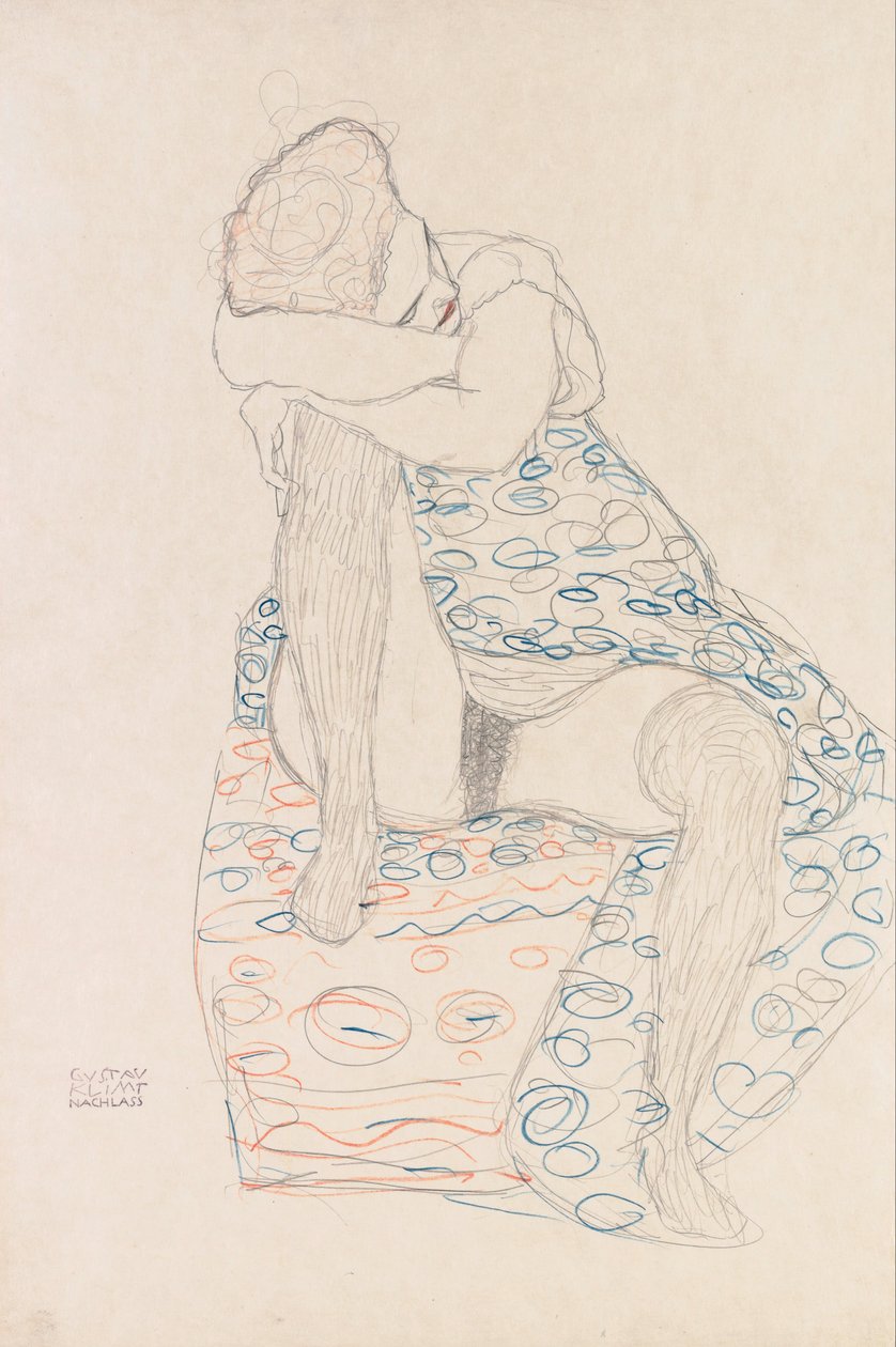 Istuva hahmo, jossa hame tekijältä Gustav Klimt