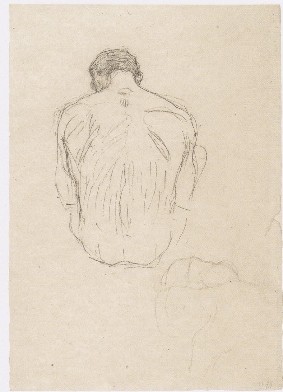 Istuva miespuolinen alaston takaa ja luonnos "paini" tekijältä Gustav Klimt