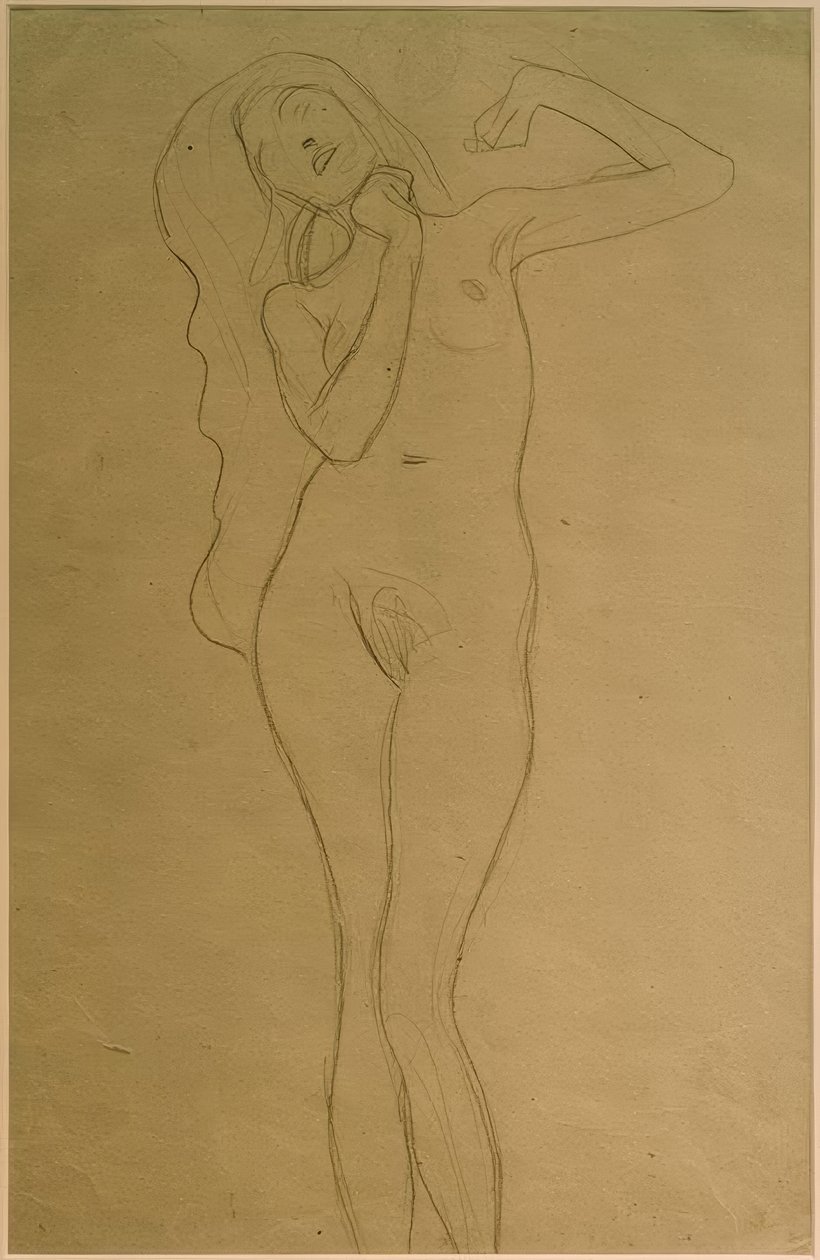Stehender Frauenakt mit erhobenen Armen (Opiskelu) tekijältä Gustav Klimt