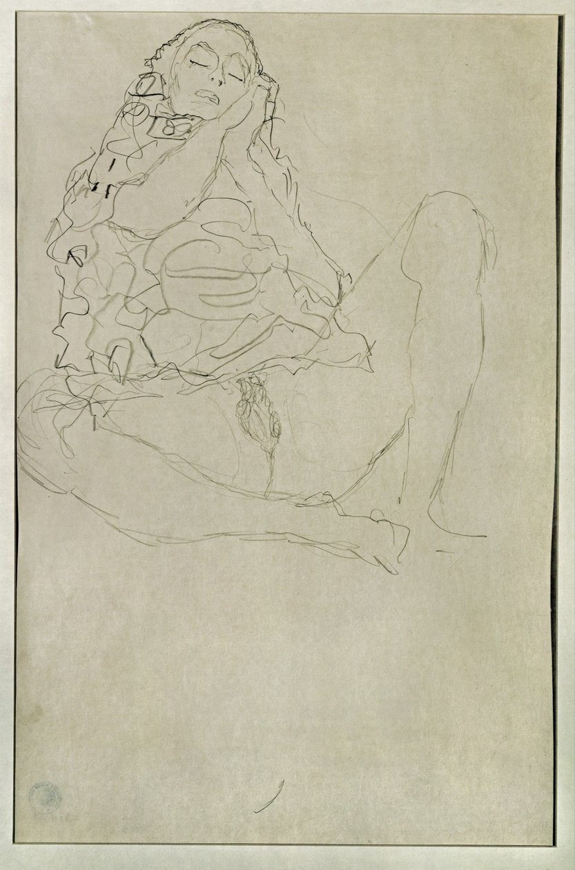 Istuu puolialastomana silmät kiinni tekijältä Gustav Klimt